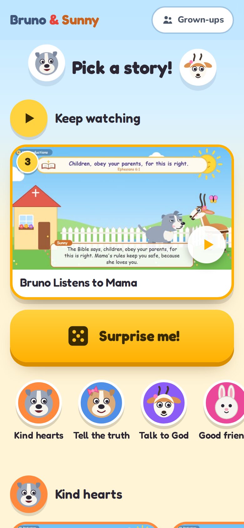 The app's home screen: Pick a story, a big Surprise me button, and shelves of episodes