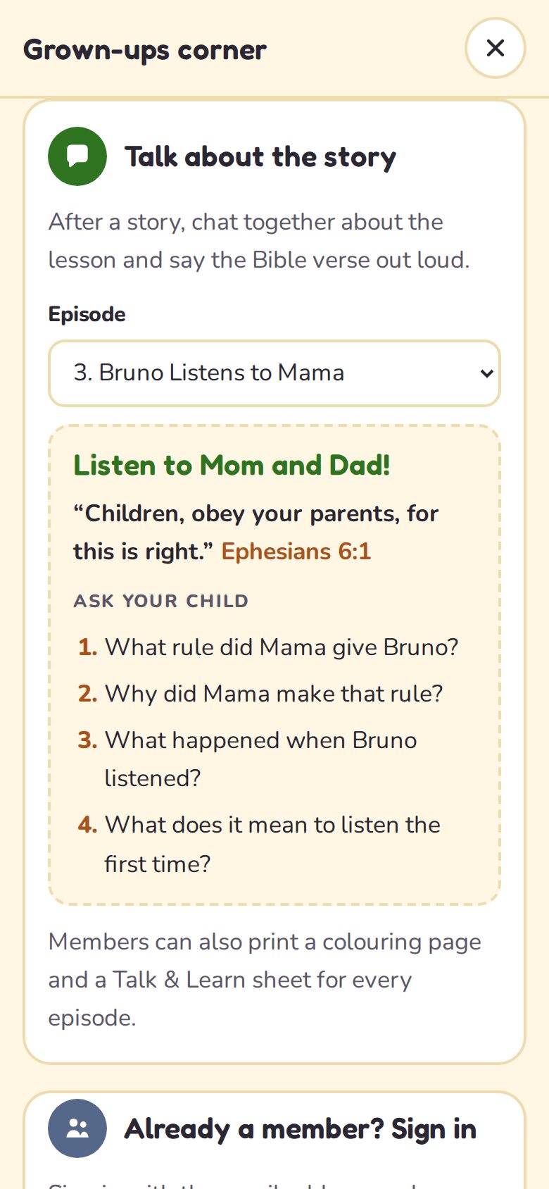 The Grown-ups corner, with the lesson, Bible verse and questions for an episode